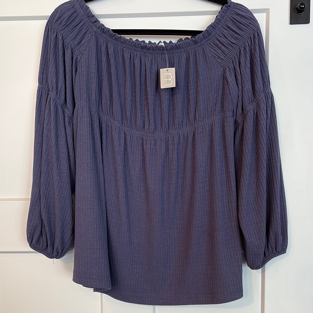 Maurices Blue Ruched Blouse with Three-Quarter Sleeves